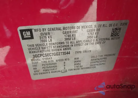 2016 Chevrolet Silverado 1500 1Lz z USA, uszkodzony, nr VIN 3GCPCSEC7GG273544